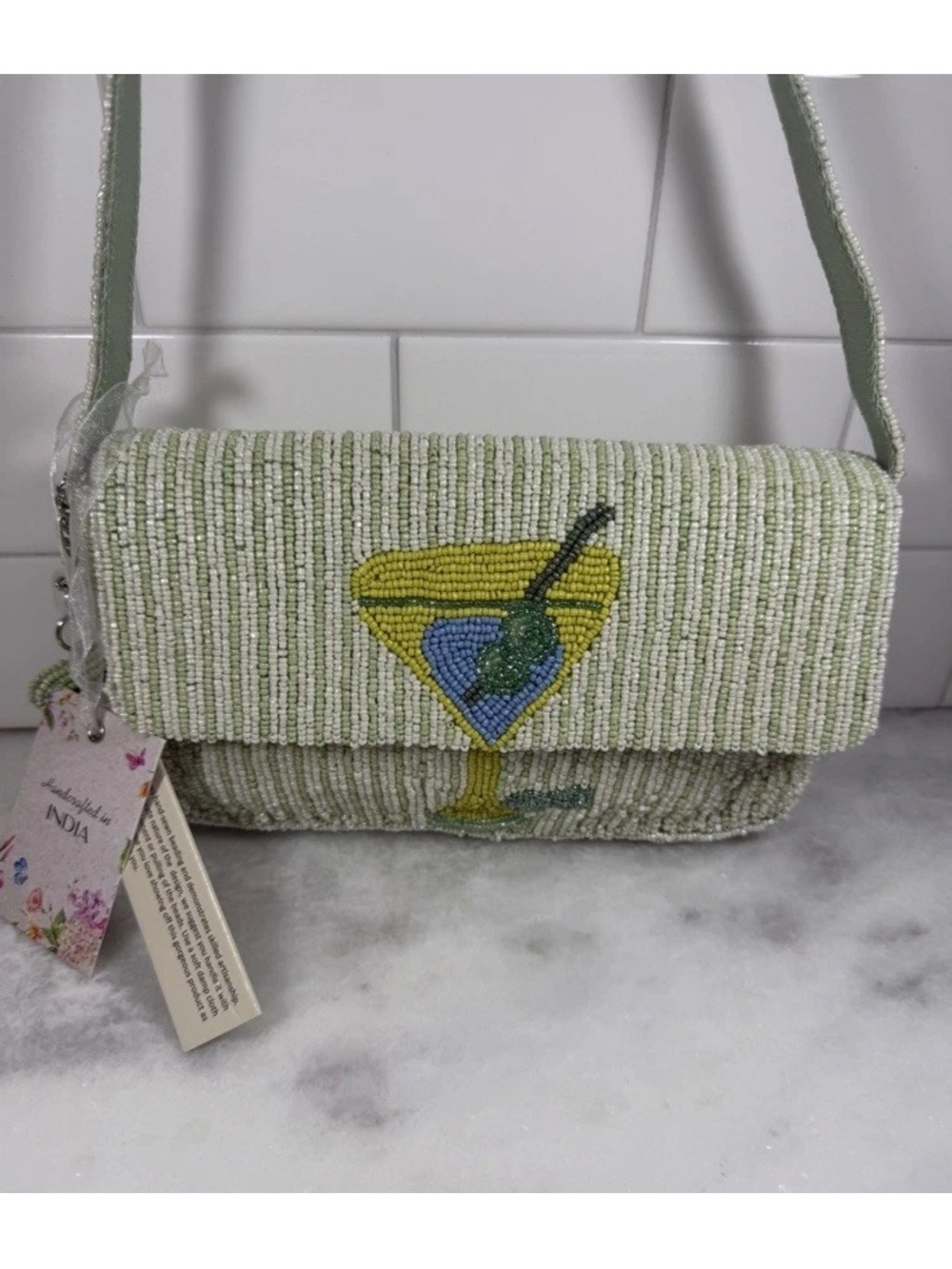 New Release Handcrafted in India Green Olive Martini Beaded Bag Viral TikTok NWT